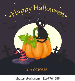 Halloween illustration - cat and pumpkin, vector