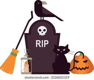 Halloween Illustration mit Katze und Rabe im flachen Stil. Einfache Vektorformen. Hintergrund für Karten und Poster. Grabstein mit Kürbis und Laterne