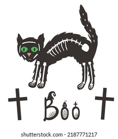 Halloween illustration with cat skeleton and boo text