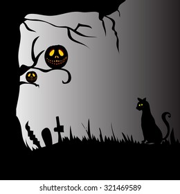 Halloween illustration - Cats and pumpkins on Halloween night.