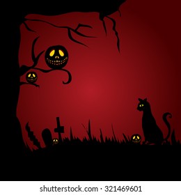 Halloween illustration - Cats and pumpkins on Halloween night.