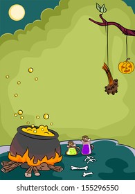 Halloween Illustration of a Cauldron Filled with Boiling Chemicals