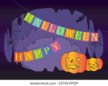 
Halloween illustration with cave background and jack o'lantern