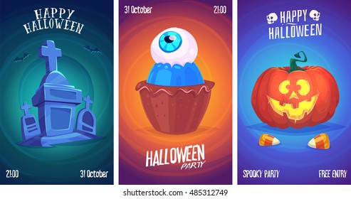 Halloween illustration cemetery with candles, pumpkin face and sweets . Vector set of happy halloween vintage badges, logos emblems and labels. Vector stock illustration.