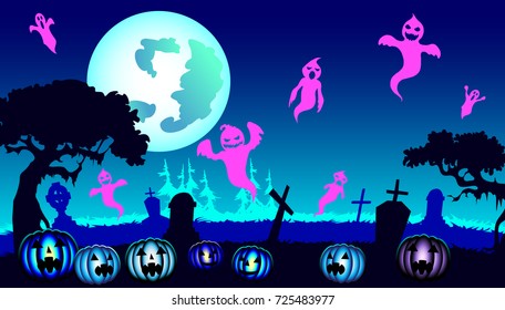 Halloween illustration with a cemetery, ghosts and pumpkins in the background of the moon. Vector illustration