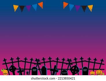 Halloween. 　
Illustration of a cemetery, pumpkins and flags
Purple gradation background material. 　
Sideways