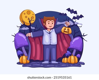 Ilustração de Halloween de um personagem vestido como um vampiro segurando e um balde de abóbora. Cogumelos enigmáticos, com uma abóbora ao lado deles. Morcegos do outro lado da Lua, aumentando o ambiente assustador.