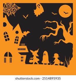 Halloween illustration of children in costumes going for candy