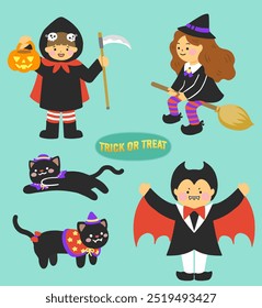 Halloween illustration with children wearing ghost masks and a black cat