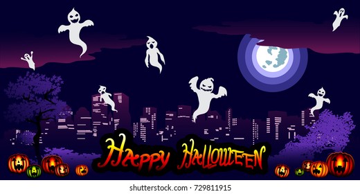 Halloween illustration with a city and ghosts. Vector illustration