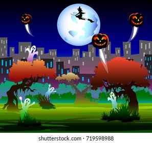 Halloween illustration with a city and swamp with ghosts. Vector illustration