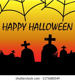 Halloween illustration with cobweb and cemetery on gradient background.