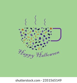 Halloween illustration in coffee cup form. Pattern crafted with Halloween colors. Pumpkin, bat, coffin, witch hat and candy icons. Happy Halloween vector illustration.