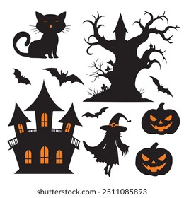 Colección de ilustración de Halloween con casa embrujada, gatos negros, murciélagos, árbol, calabazas, bruja femenina.Ilustración vectorial