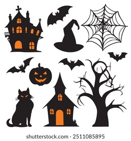 Coleção de ilustrações de Halloween com casa assombrada, gatos pretos, morcegos, árvore, abóboras, chapéu de bruxa e ilustração de teia de aranha.Vetor