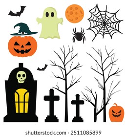 Colección de ilustración de Halloween con casa embrujada, gatos negros, murciélagos, árbol, calabazas, luna, lápida, fantasma y Web de araña. Ilustración vectorial