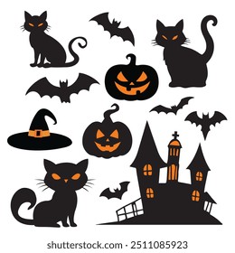 Colección de ilustración de Halloween con casa embrujada, gatos negros, murciélagos, árbol, calabazas. Ilustración vectorial