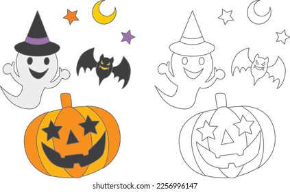 Halloween illustration for coloring book. Cute cartoon pumpkin character, witch hat ghost, bat and moon.
