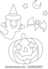 Halloween illustration for coloring book. Cute cartoon pumpkin character, witch hat ghost, bat and moon.