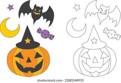 Halloween illustration for coloring book. Cute cartoon pumpkin character, bat and moon.