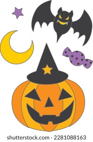 Halloween illustration for coloring book. Cute cartoon pumpkin character, bat and moon.