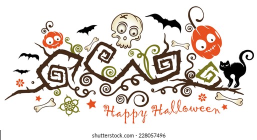 Halloween illustration, creepy plant with pumpkins