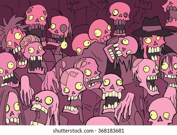 Halloween illustration with the crowd of creepy cartoon zombies in red colors