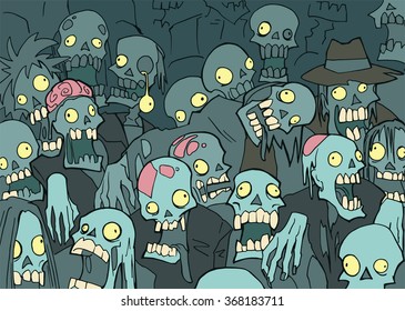 Halloween illustration with the crowd of creepy cartoon zombies