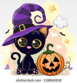 Halloween illustration of Cute Cartoon cat with pumpkin