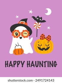 Halloween illustration of cute groovy trick or treating girl ghost, pumpkin and bat on purple background. Vector template for Halloween packaging, paper bag design, greeting card.