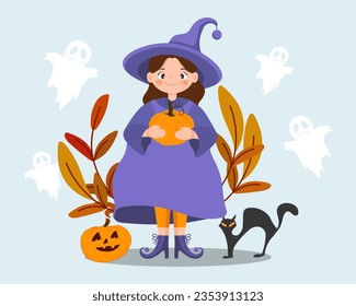 Halloween illustration, cute little cartoon witch with pumpkin, black cat and ghosts. Children's print, vector	
