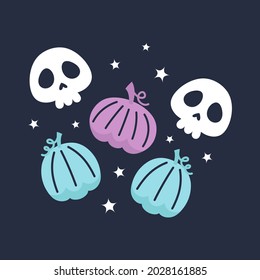 halloween illustration with cute pumpkins and funny skulls on dark background, kawaii style decoration for halloween
