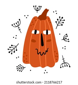Halloween illustration.  Cute smiling pumpkin surrounded by botanical elements. Universal use. The object is isolated on a white background.