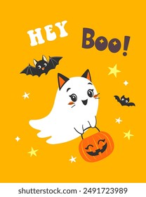 Halloween illustration of cute trick or treating girl ghost in cat costume on bright yellow background. Vector template for Halloween packaging, paper bag design, greeting card.