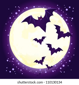 Halloween illustration: cute vector bat flying against full moon