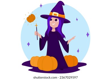 Halloween illustration with a cute witch doing magic with a pumpkin