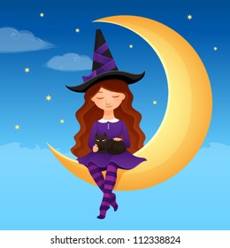 Halloween illustration of a cute witch girl and her cat enjoying moon ride. A beautiful illustration for children. Vector eps file.