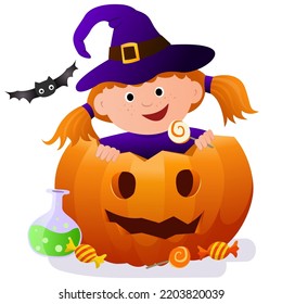 Halloween illustration with a cute witch girl. Cute girl in a witch hat inside a pumpkin . Illustration for a card or post. Vector illustration