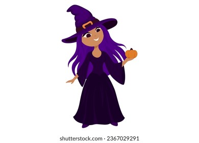 Halloween illustration with a cute witch holding a pumpkin