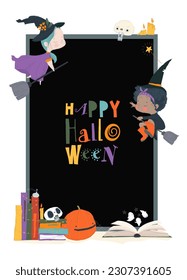 Halloween Illustration with Cute Witches, Pumpkin and Magic Books