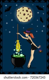 Halloween illustration of cute young witch with cauldron on full moon background with stars and bats. Halloween greeting card or invitation.