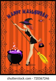 Halloween illustration of cute young witch with cauldron and broomstick on orange striped background framed with spider web.Halloween greeting card or invitation.