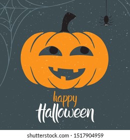 Halloween illustration. Dark night, happy pumpkin and spider. Can be used for poster, greeting card, decoration, invitation. Vector illustration
