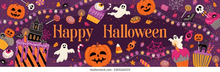 Ilustración de Halloween. Pasteles decorados, magdalenas, dulces dulces y caramelos Vector plantilla para banner, tarjeta, afiche, web y otros usos