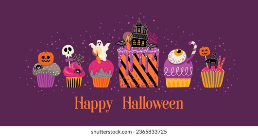 Ilustración de Halloween. Pasteles decorados, magdalenas, bollería, dulces y caramelos. Diseño de vectores