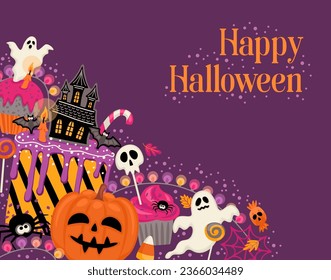 Halloween illustration. Decorated cupcakes, muffins, pastries, sweets candies. Vector template for banner, card, poster, web and other use