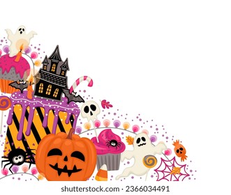Halloween illustration. Decorated cupcakes, muffins, pastries, sweets candies. Vector template for banner, card, poster, web and other use