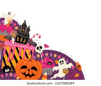 Halloween illustration. Decorated cupcakes, muffins, pastries, sweets candies. Vector template for banner, card, poster, web and other use