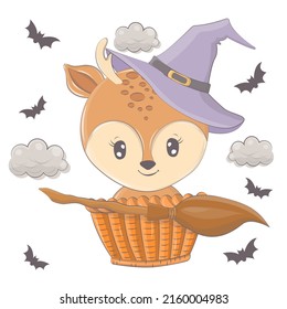 Halloween illustration of a deer with a broom. Vector illustration of Halloween animal. Cute little illustration Halloween deer for kids, fairy tales, covers, baby shower, textile, baby book.