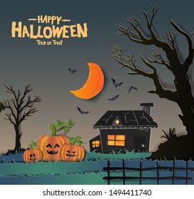 Halloween illustration design paper art style for greeting, invitation, poster, banner, background celebration event